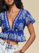 Blue Ruffled V-neck Vacation Print Top